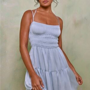Oh Polly Shirred Bodice A-Line Light Blue Mini Dress